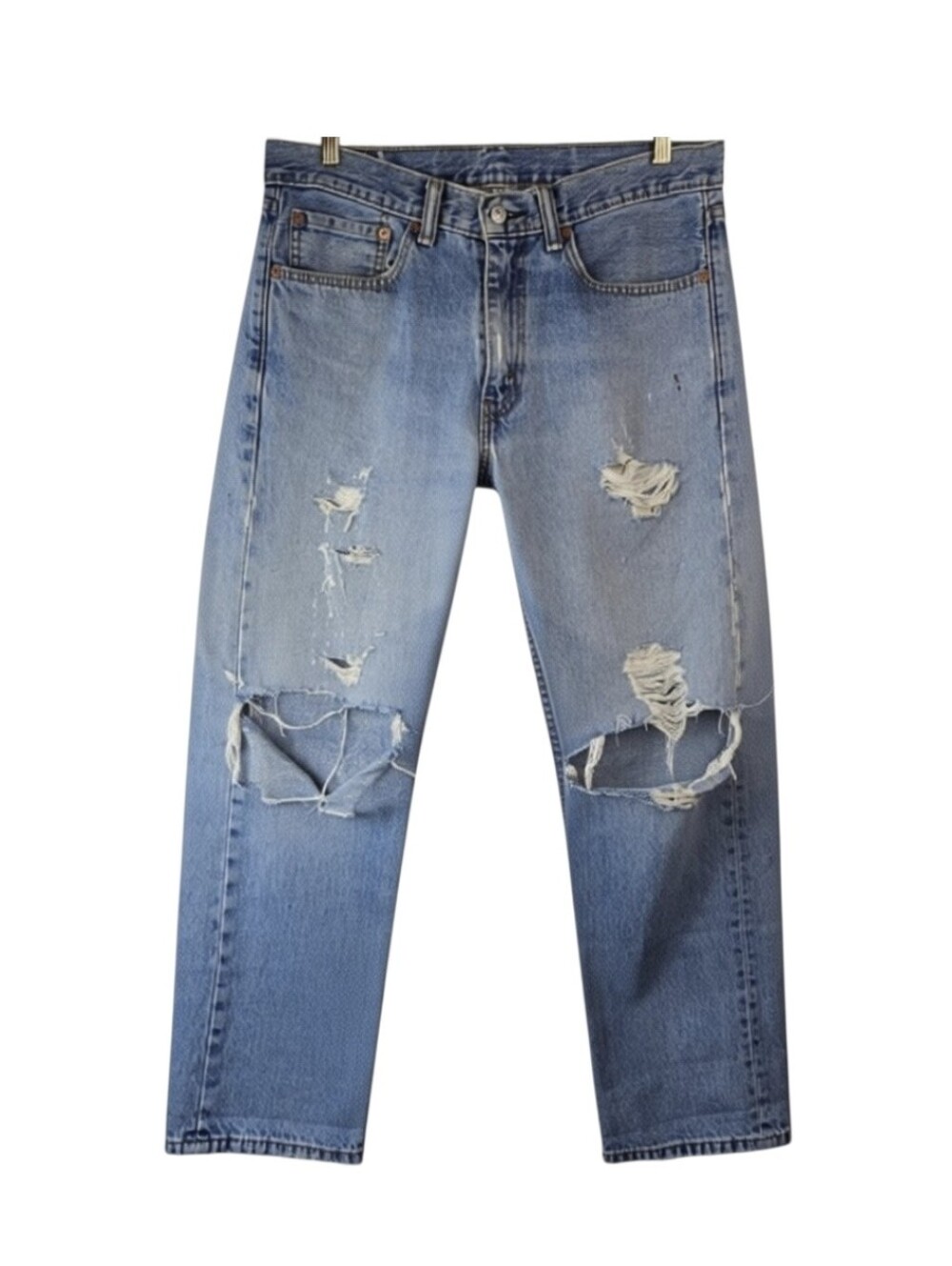 Levis Mens 34x30 505 Regular Fit Distressed Ripped Blue Denim Jeans Streetwear